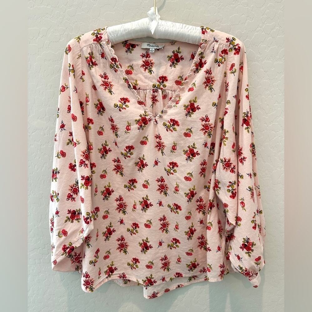 MADEWELL | Pink Cottagecore Floral Peasant Top Puff Sleeve | Small